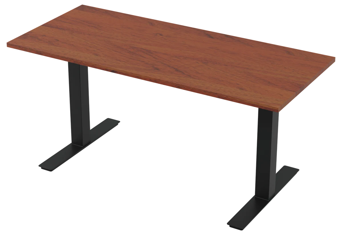 DeskPro Fixa, mesa com tampo em mogno maciço e pés pretos