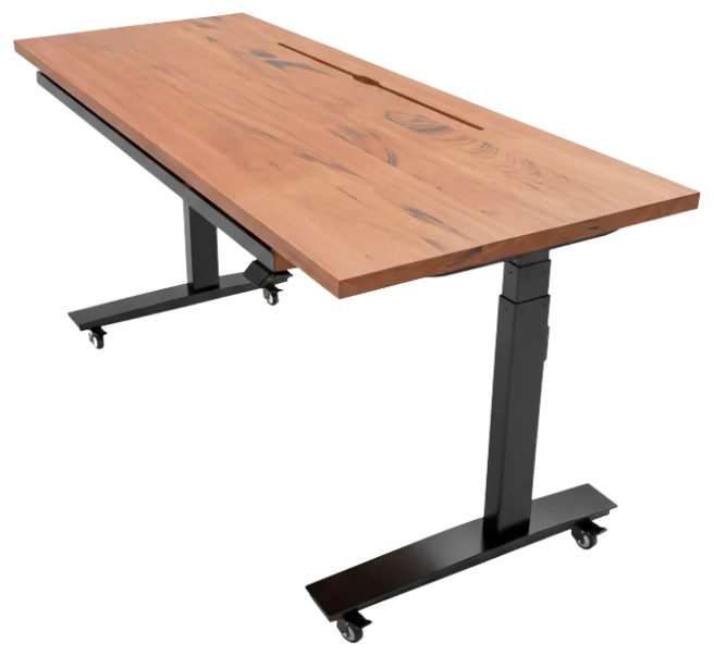 DeskStudio, mesa com regulagem de altura elétrica, tampo em madeira maciça e estrutura preta com rodízios