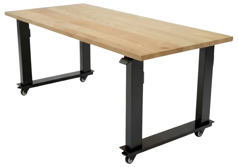 DeskUltra, mesa com regulagem de altura em madeira clara e estrutura preta