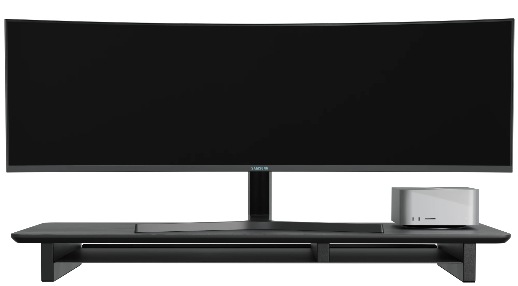 StandPro 4 Max visto de frente, com monitor e computador sobre o stand