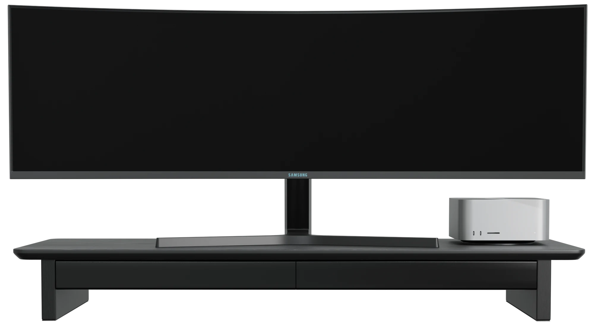 StandPro 5 Max visto de frente, com monitor e computador sobre o stand
