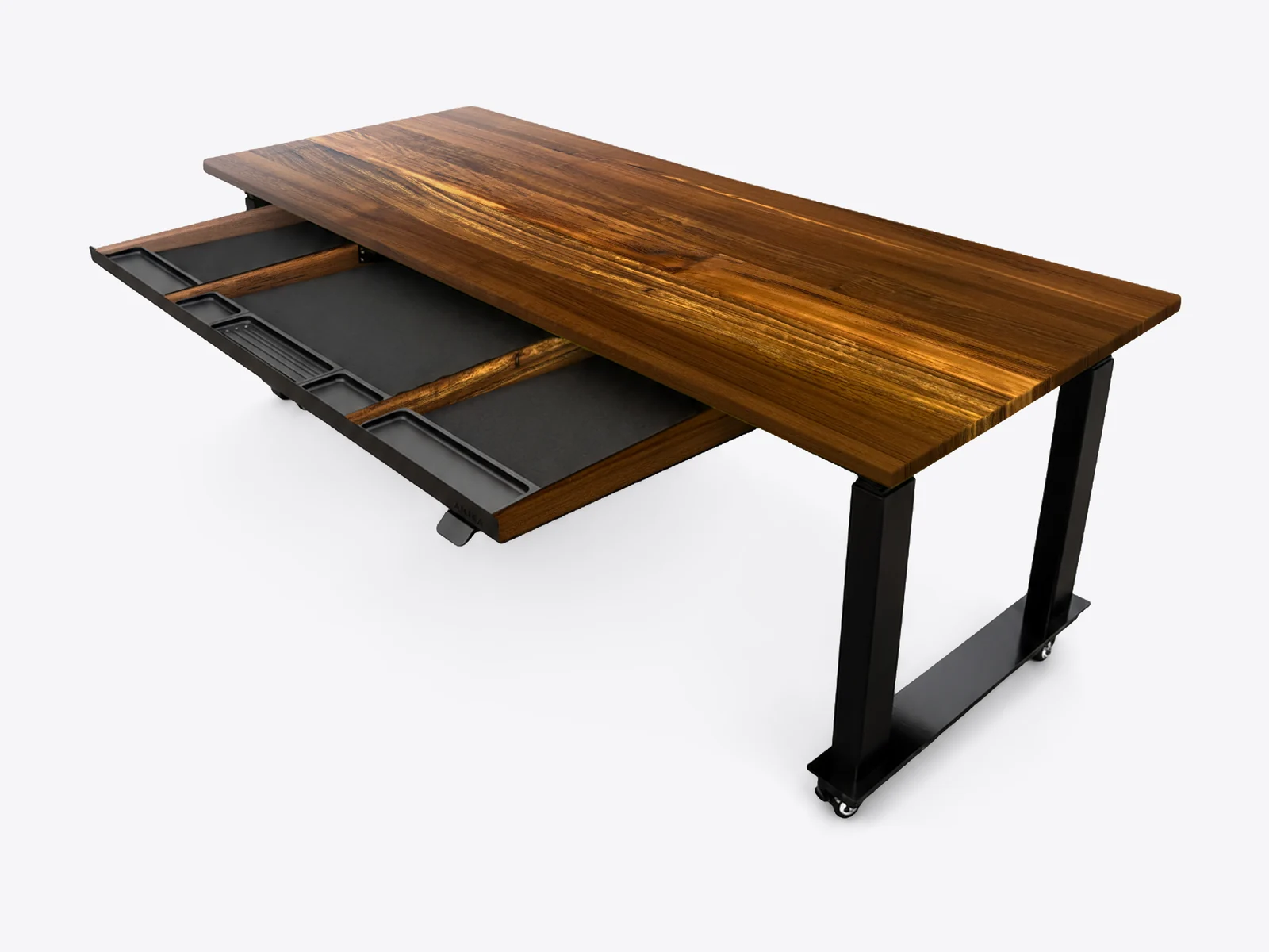 DeskStudio Ultra com tampo em Imbuia e a Gaveta Suspensa aberta