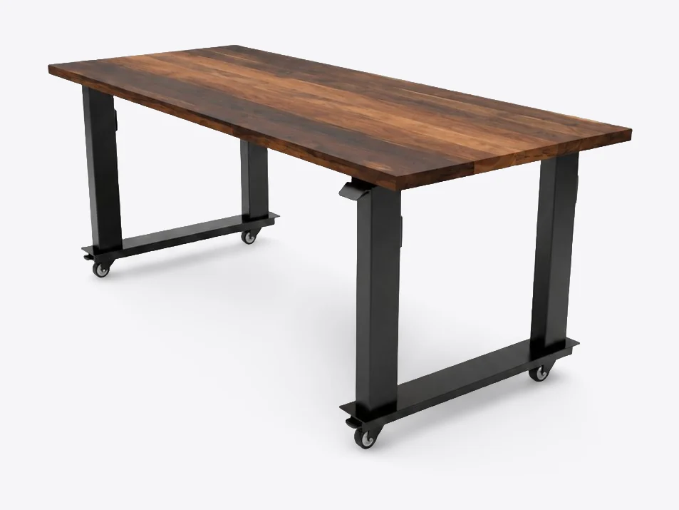DeskUltra com tampo em Imbuia, quatro colunas e rodízios